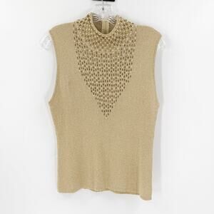 Lillie Rubin Gold Metallic Beaded Sleeveless Knit Top Embellished Ribbed Blouse